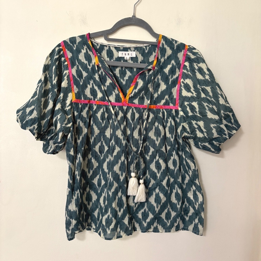 THML Womens Small Blouse Teal Ikat Print Embroidered Tassel Puff Sleeve Cotton